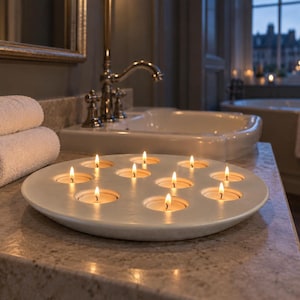 May include: A round, white ceramic candle holder featuring nine circular indentations, each containing a lit tea light candle with a visible flame. The holder is positioned on a countertop next to a stack of two folded white towels.