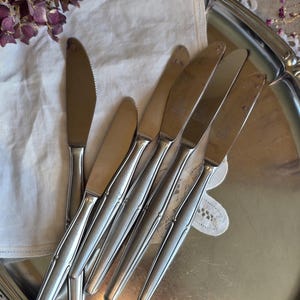 Pode incluir: Um conjunto de facas de manteiga de a&ccedil;o inoxid&aacute;vel com borda serrilhada, dispostas em uma bandeja de servir prateada. As facas t&ecirc;m um design elegante e alongado e s&atilde;o colocadas em um pano branco. Flores roxas secas ao fundo.