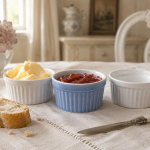 May include: Three round ceramic ramekins with vertical fluted sides. One white ramekin contains yellow butter, one light blue ramekin contains red fruit jam, and one white ramekin is empty. A slice of bread and a butter knife are placed nearby.