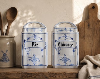 Vintage Küchenkanister 2er-Set, Keramik-Vorratsbehälter, blau-weiße Vorratsbehälter, French Country Kitchen Decor