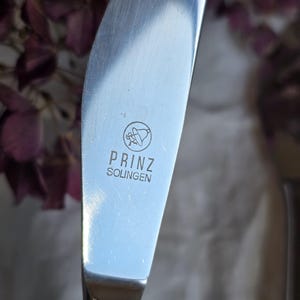 Pode incluir: Close-up de uma faca de manteiga de a&ccedil;o inoxid&aacute;vel com uma l&acirc;mina arredondada. A faca tem a inscri&ccedil;&atilde;o "PRINZ SOLINGEN" e um pequeno emblema. O fundo est&aacute; desfocado, com toques de flores roxas.