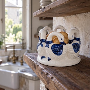 May include: A white ceramic serving bowl shaped like a ring of interconnected geese with blue painted wings, beaks, and bows. The bowl features a circular base and holds several round, golden-brown baked goods within its central opening.