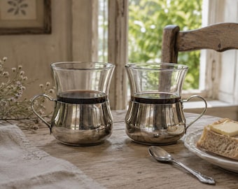 Vintage Duralex Glass Cups Set of 2 – French Coffee Tumblers with Metal Holders