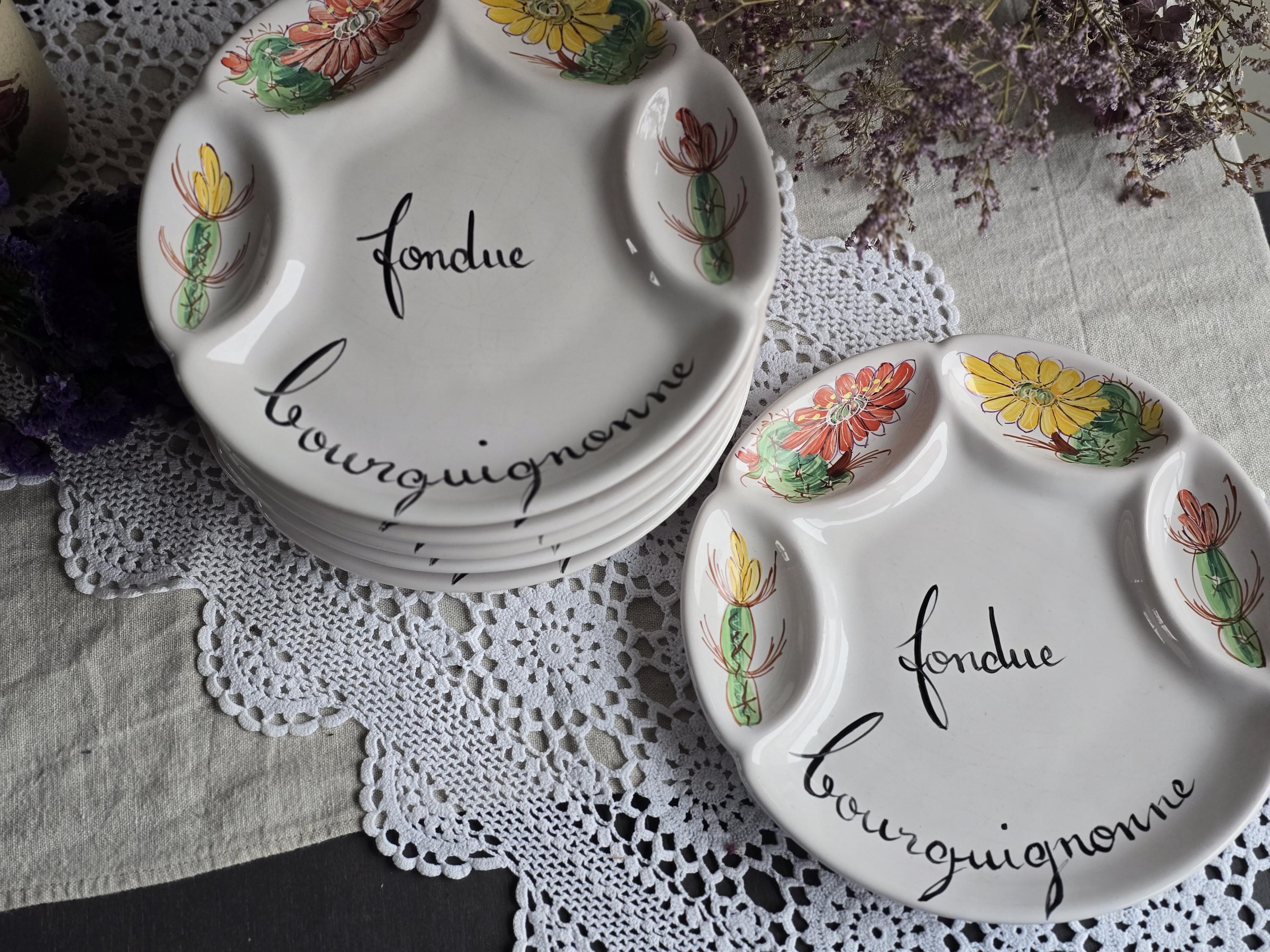 Lot De 8 Assiettes à Fondue En Barbotine Compartimentées - Vintage 24,5cm