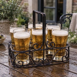 May include: A black metal wire carrier with a scrollwork design holds six clear glass tumblers filled with golden beer topped with white foam. The carrier features a central vertical handle and a rectangular base, designed to transport multiple glasses.