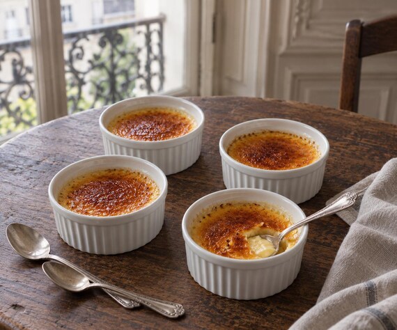 Vintage französische Ramekins, 4er-Set, weiße Keramik-Crème-Brûlée-Förmchen, einzelne Backformen