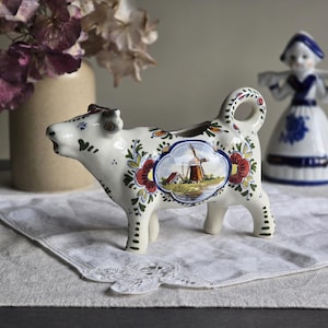 Vintage Delft Hand Painted Cow Creamer, Whimsical Vintage Delft Cow Creamer, Collectible Vintage Delft Cow Creamer with Windmill Scene.