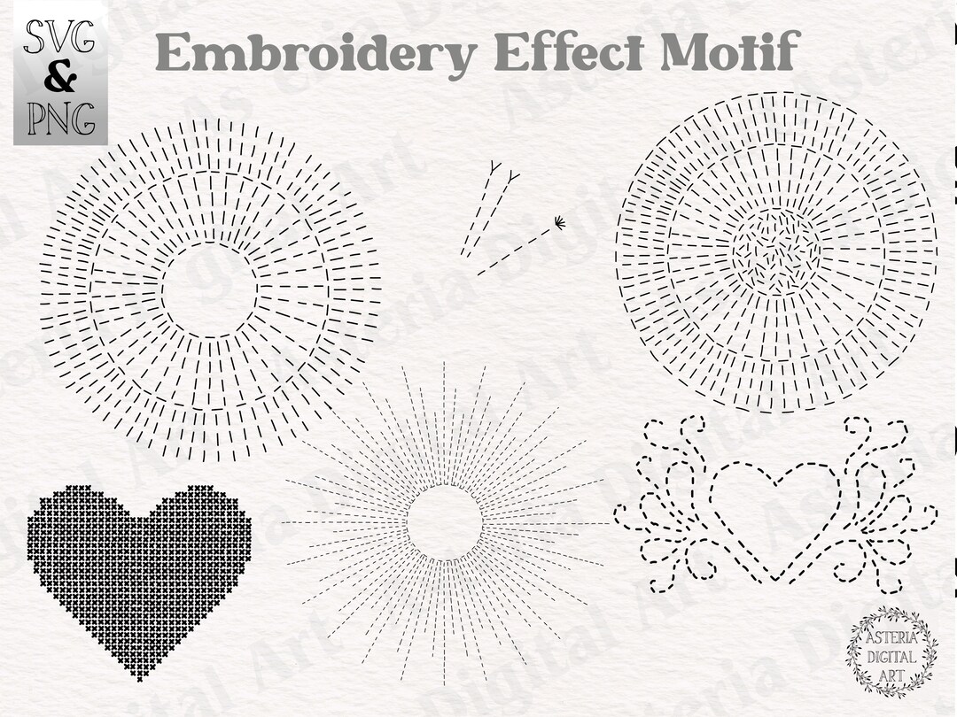 Handdrawn Embroidery Effect Motifs Pack SVG & PNG, 5 Designs in 5 Colours Digital Art for