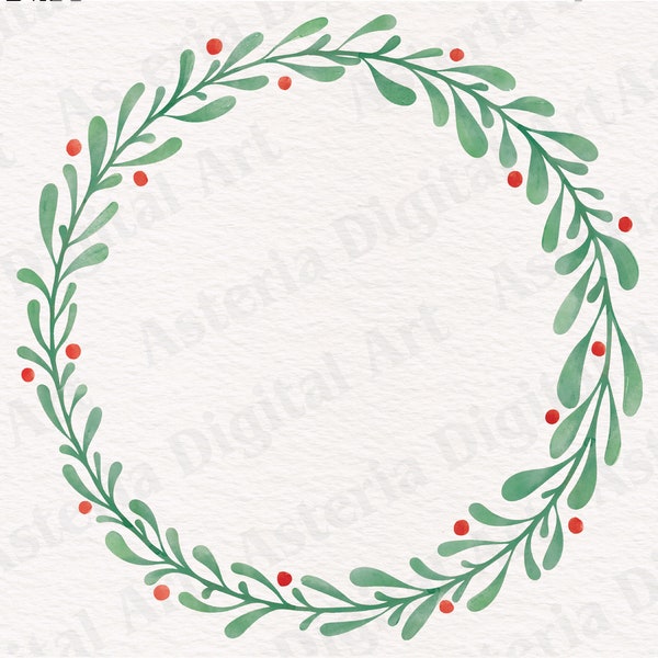 Watercolour Christmas Wreath PNG, Botanical Festive Holiday Illustration, Hand Painted Leaf Xmas Wreath for Craft Projects, Invitations