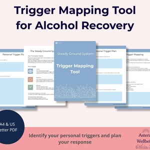 May include: A digital PDF titled "Trigger Mapping Tool for Alcohol Recovery." The image shows several pages with light blue backgrounds and text, including a cover page with the title and a blue circle with "A4 & US Letter PDF." The text reads "Identify your personal triggers and plan your response."