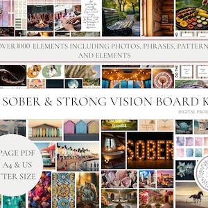 May include: A digital vision board kit with over 1000 elements including photos, phrases, patterns, and elements. The kit includes a variety of images, including nature scenes, inspirational quotes, and abstract designs. The kit is designed to help people create a vision board that reflects their goals and aspirations. The kit is available in A4 and US letter size.