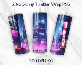 Anime Night Time Neon Cityscape, Illustrated City Scene at Night, 20oz Skinny Tumbler Wrap Sublimation Design PNG DIGITAL Download