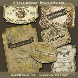 May include: Six printable vintage-style designs, each with a unique label. The labels feature ornate borders, botanical illustrations, and German text. The designs include labels for potions and apothecary items. The text reads "Instant Download PDF - Download & Print Today!"