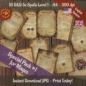 10 Sorts DnD 1er niveau pour les mages sorts aspect parchemin pour l'impression de parchemins anglais A4 D&D pour décoration ou accessoire