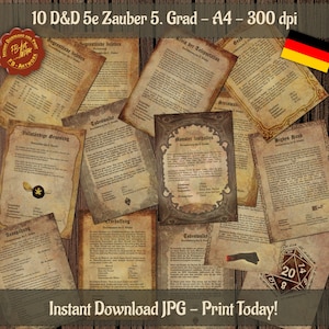May include: A collection of 10 printable D&D 5e spell cards for 5th level spells. The cards are designed with a vintage parchment look and feature German text. The image also includes a 20-sided die.