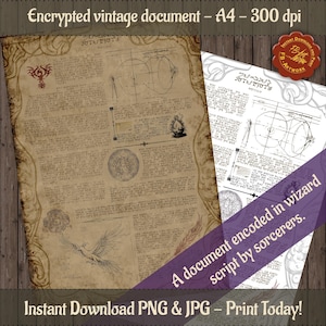 Puede incluir: Un documento vintage con un diseño intrincado y texto en un idioma ficticio. El documento está etiquetado como "Documento vintage encriptado - A4 - 300 dpi" e incluye el texto "Un documento codificado en escritura de mago por hechiceros."