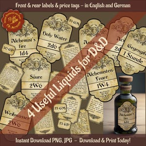 4 användbara vätskeetiketter för D&D-dryckesetiketter, 3 etiketter vardera: Heligt vatten, Syra, Motgift, Alkemistens eld (på engelska och tyska)