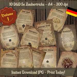10 Truques de Mágica DnD Volume 1 Feitiços de aparência de pergaminho para imprimir A4 Rolos de magia alemães D&D para decoração ou adereços