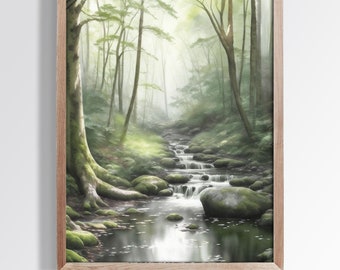 Brook in the forest watercolor download and printable watercolor painting for decoration or prop art mural