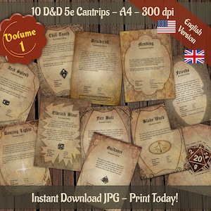 May include: A set of ten printable D&D 5e cantrips, each on a separate page with a vintage parchment design. The cantrips include Chill Touch, Acid Splash, Dancing Lights, Eldritch Blast, Fire Bolt, Blade Ward, Guidance, Druideraft, Mending, and Friends. The pages are laid out on a wooden surface with a 20-sided die.