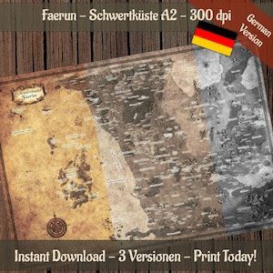Könnte beinhalten: Detaillierte Karte der Schwertküste von Faerun mit drei Versionen. Die Karte hat eine Vintage-Ästhetik mit einer Windrose und deutschem Text. Der Titel enthält "A2 - 300 dpi" und "Sofort-Download - 3 Versionen - Jetzt drucken!"