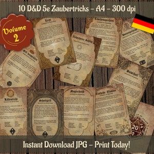10 trucos de magia DnD Volumen 2 Hechizos con apariencia de pergamino para imprimir pergaminos mágicos alemanes A4 D&D para decoración o utilería