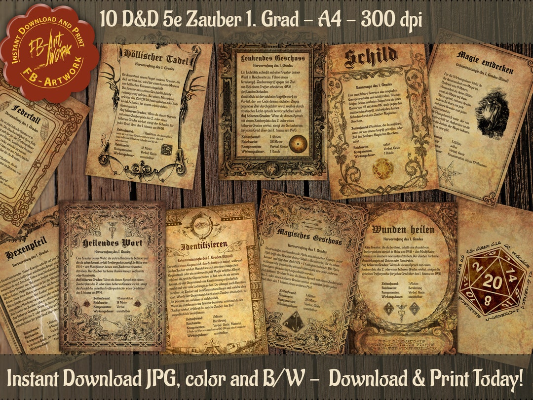 10 First Level Dnd Spells Parchment Look Spells to Print A4 Spells