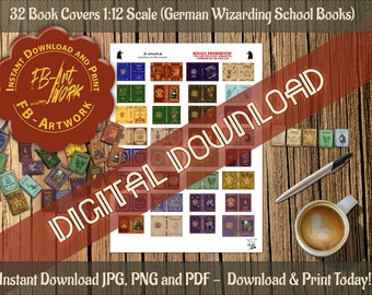 32 miniature book covers 1:12 scale (German textbooks for magic) to print book miniature