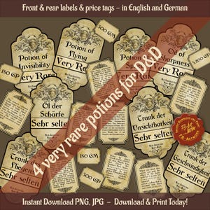 Könnte beinhalten: Acht druckbare Tränketiketten für Dungeons and Dragons Rollenspiele. Die Etiketten sind sowohl in Englisch als auch in Deutsch. Die Etiketten sind so gestaltet, dass sie wie altes Pergamentpapier mit braunem Hintergrund und schwarzem Text aussehen. Die Etiketten beinhalten Namen wie "Trank der Unsichtbarkeit", "Öl der Schärfe" und "Trank der Unsichtbarkeit".