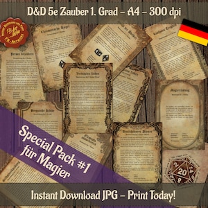 10 feitiços DnD de primeiro nível para magos, feitiços de aparência de pergaminho para imprimir pergaminhos alemães A4 D&D para decoração ou adereços