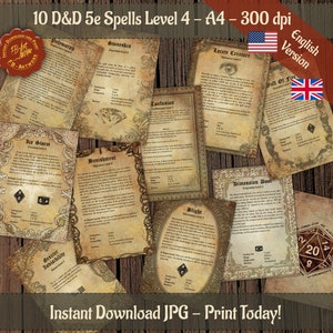 Puede incluir: Diez cartas de hechizos imprimibles de Dungeons and Dragons 5ª Edición, cada una con un hechizo de nivel 4 diferente. Las cartas están diseñadas con un aspecto de pergamino vintage e incluyen el nombre del hechizo, el nivel, la escuela, el tiempo de lanzamiento, el alcance, los componentes, la duración y la descripción. Las cartas se imprimen en papel A4 a 300 dpi.