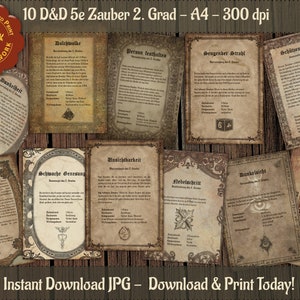 Puede incluir: Una colección de diez cartas de hechizos D&D 5e de estilo vintage, cada una con bordes ornamentados y texto en alemán. Las cartas presentan varios hechizos como "Oscuridad" y "Bola de fuego", con iconos de dados. El texto "Instant Download JPG - Download & Print Today!" está incluido.