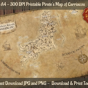Carte pirate à imprimer Carte des îles des Caraïbes Carriacou pour décoration ou carte au trésor D&D Accessoire pirate D&D