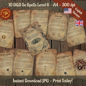 Pode incluir: Dez cartas de feitiços imprimíveis de Dungeons and Dragons 5e edição para feitiços de nível 6. Os cartões são em estilo pergaminho com bordas ornamentadas e apresentam os nomes dos feitiços: Sugestão em Massa, Verdadeira Visão, Esfera de Congelamento de Otiluke, Curar, Relâmpago em Cadeia, Portal Arcano, Epebite, Círculo da Morte, Banquete de Heróis e  Disrupting  Os cartões estão dispostos sobre uma superfície de madeira.