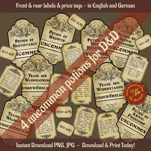 May include: Four printable potion labels for Dungeons and Dragons role-playing games. The labels are in English and German and feature a vintage parchment design with ornate borders. The labels include names like "Potion of Growth", "Potion of Resistance", and "Trank des Widerstands".