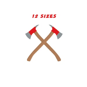 May include: Two red and gray firefighter axes crossed over each other with wooden handles. The text "12 SIZES" is above the axes.