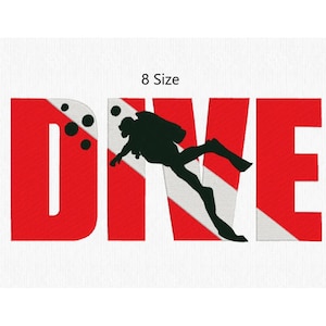 Può includere: Design ricamato con la parola "DIVE" in rosso, con una "V" a strisce bianche e rosse. Una silhouette nera di un subacqueo è posizionata all'interno della "V". Il testo "8 Size" è sopra la parola "DIVE".