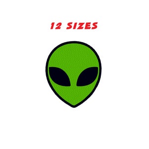 May include: Embroidered patch featuring a green alien head with black eyes and a black outline. The text "12 SIZES" is displayed in red above the alien head, indicating multiple size options for the patch.
