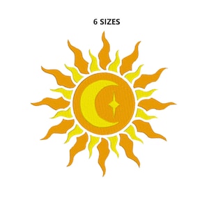 May include: A yellow sun with a crescent moon inside, with a small star in the center of the moon. The sun has orange rays.