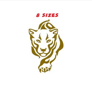 May include: A gold-colored illustration of a panther with the text "8 SIZES" in red. The panther is depicted in a stylized, walking pose, with detailed facial features and body markings. The design is set against a white background.