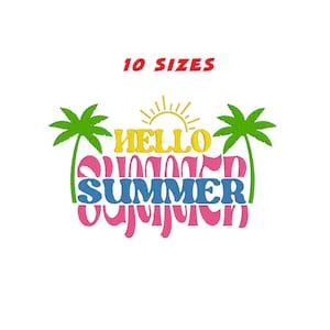 Può includere: Ricamo con il testo "Hello Summer" in rosa, giallo e blu con un sole e palme.