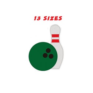 Könnte beinhalten: Eine grüne Bowlingkugel mit drei schwarzen Löchern und einem weißen Bowlingpin mit roten Streifen. Der Text "13 SIZES" befindet sich über der Bowlingkugel und dem Pin.