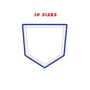 May include: A blue outline of a pocket with the text "10 SIZES" above it.