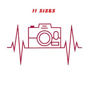 May include: A burgundy line art design of a camera integrated into a heartbeat rhythm on a white background. The text "11 SIZES" is above the camera in red. The design is simple and graphic.