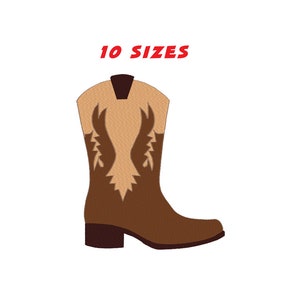 May include: Brown cowboy boot with a tan embroidered design. The boot has a pointed toe and a short heel. The text "10 SIZES" is above the boot.
