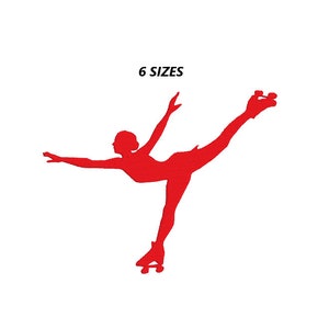 Può includere: Silhouette rossa di una persona che pattina su ghiaccio, con una gamba tesa e l'altra su un pattino a rotelle. La persona è in aria, con le braccia distese. Il testo "6 SIZES" è sopra la silhouette.