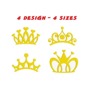 Puede incluir: Cuatro diseños diferentes de coronas de princesa amarillas. Los diseños incluyen una corona simple con tres puntas, una corona con la parte superior redondeada y un diseño decorativo, una corona con la parte superior puntiaguda y un diseño decorativo, y una corona con la parte superior redondeada y un diseño decorativo.