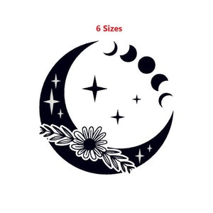 Può includere: Luna crescente in bianco e nero con un fiore e stelle. La luna è composta da più fasi.
