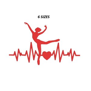 May include: Red silhouette of a dancer with a red heart and a red heartbeat line. The text "6 SIZES" is above the image.