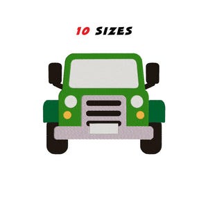 Può includere: Un jeep dei cartoni animati verde con pneumatici neri, specchietti laterali e un parabrezza bianco. La jeep ha fari gialli e un paraurti argentato. Il testo "10 SIZES" è sopra la jeep.